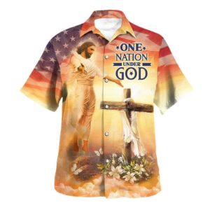 Jesus Open Arms US Flag Cross Hawaiian Shirt for Men - Christian Gift