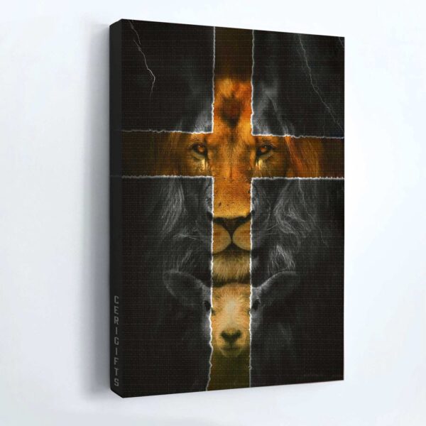 Jesus Lion Lamb Cross Portrait Poster – Home Decor Gift for Christians