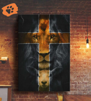 Jesus Lion Lamb Cross Portrait Poster - Home Decor Gift for Christians