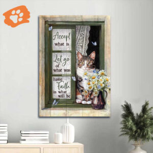 Jesus Portrait Poster Home Decor Gift - Christian Cat and Daisy Vase Green Window Art - Acceptance Message