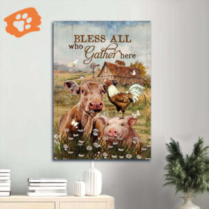 Religious Christian Jesus Portrait Poster Home Decor Gift - Animal Drawing Daisy Field Rooster Painting - Bless All Who Gather Here