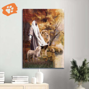 Christian Home Decor Gift: Jesus Lion & Lamb Portrait Poster - Autumn Forest Animal of God