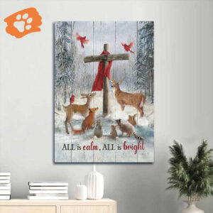 Animal Painting Jesus Portrait Poster - Wooden Cross Decor Gift for Christian - All is Calm All is Bright