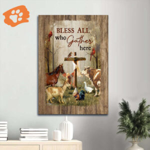 Jesus Portrait Poster Home Decor Gift - Animals Drawing Wooden Cross Forest View - Bless All Who Gather Here