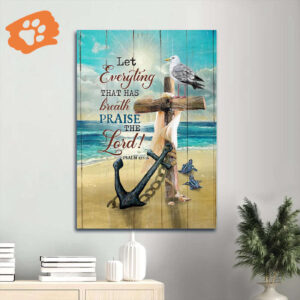Vintage Jesus Portrait Poster with Anchor Cross Seagull - Christian Home Decor Gift