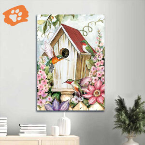 Christian Jesus Portrait Poster - Antique Birdhouse Hummingbird Flower Garden Home Decor Gift