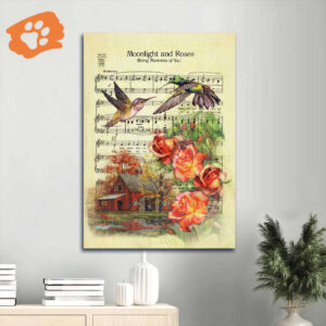 Jesus Portrait Poster Home Decor Gift - Antique Music Sheet Hummingbird Orange Rose - Gift For Christian
