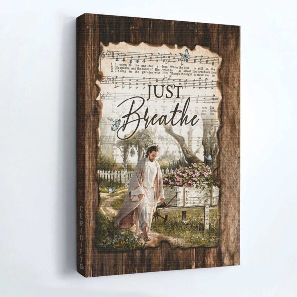 Christian Home Decor Gift – Antique Music Sheet Jesus Portrait Poster – Walking with Jesus in Pretty Flower Garden – Just Breathe