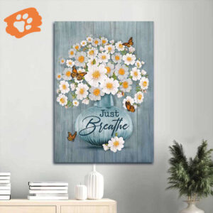 Christian Home Decor Gift: Jesus Portrait Poster with Apricot Blossom Monarch Butterfly and Flower Drawing - Just Breathe