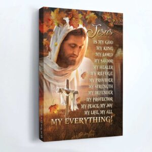 Autumn Jesus Portrait Poster - Abstract Painting with Wooden Cross - Christian Home Decor Gift 1