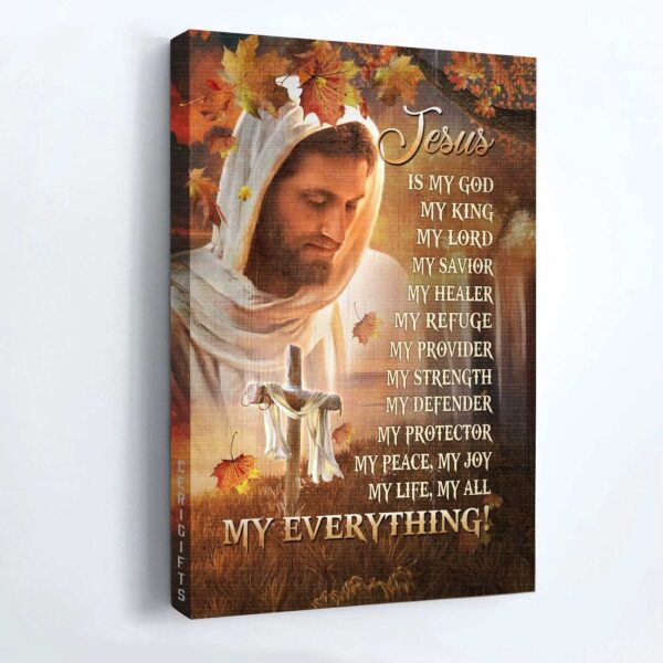 Autumn Jesus Portrait Poster – Abstract Painting with Wooden Cross – Christian Home Decor Gift