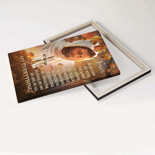 Autumn Jesus Portrait Poster – Abstract Painting with Wooden Cross – Christian Home Decor Gift