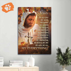 Autumn Jesus Portrait Poster - Abstract Painting with Wooden Cross - Christian Home Decor Gift
