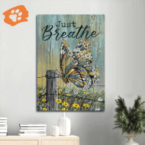 Christian Home Decor Gift - Jesus Portrait Poster with Butterfly and Yellow Daisy - Just Breathe