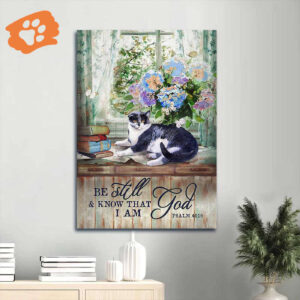 Christian Home Decor Gift: Jesus Portrait Poster with Cat Drawing Hydrangea Vase and Book Portrait - Be Still and Know