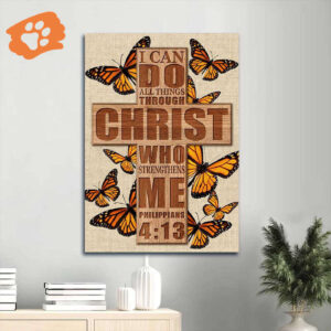 Christian Home Decor Gift: Jesus Portrait Poster with Cross and Orange Butterfly - Philippians 4:13