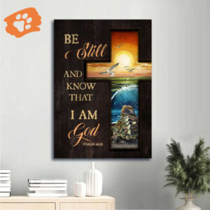 Christian Home Decor: Jesus Portrait Poster with Cross Sunset Turtle & Seagull - Gift for Christians - Be Still and Know