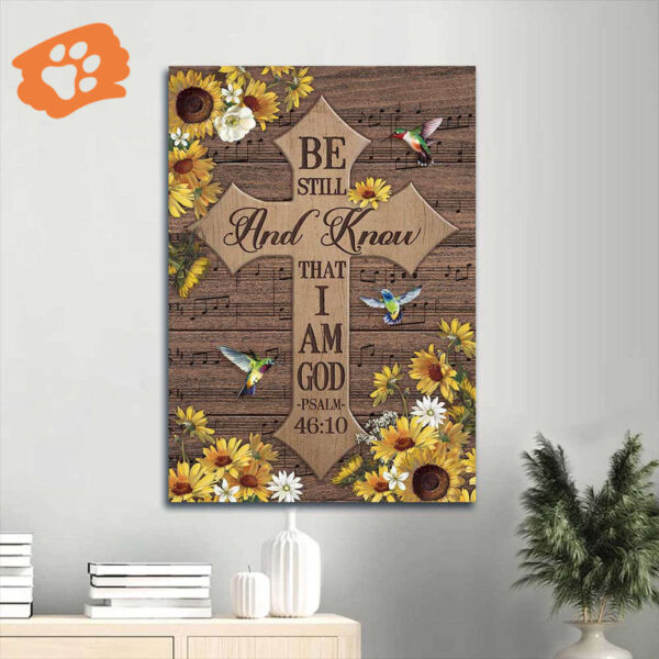 Christian Home Decor Gift – Jesus Portrait Poster with Cross Daisy Frame Hummingbird – Be Still and Know – Unique Christian Gift