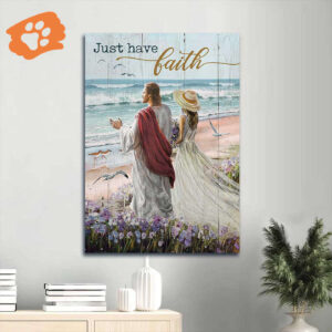 Walk with Jesus Portrait Poster - Beautiful Girl Blue Ocean  Poster Home Decor Gift Home Decor Gift for Christian Faith