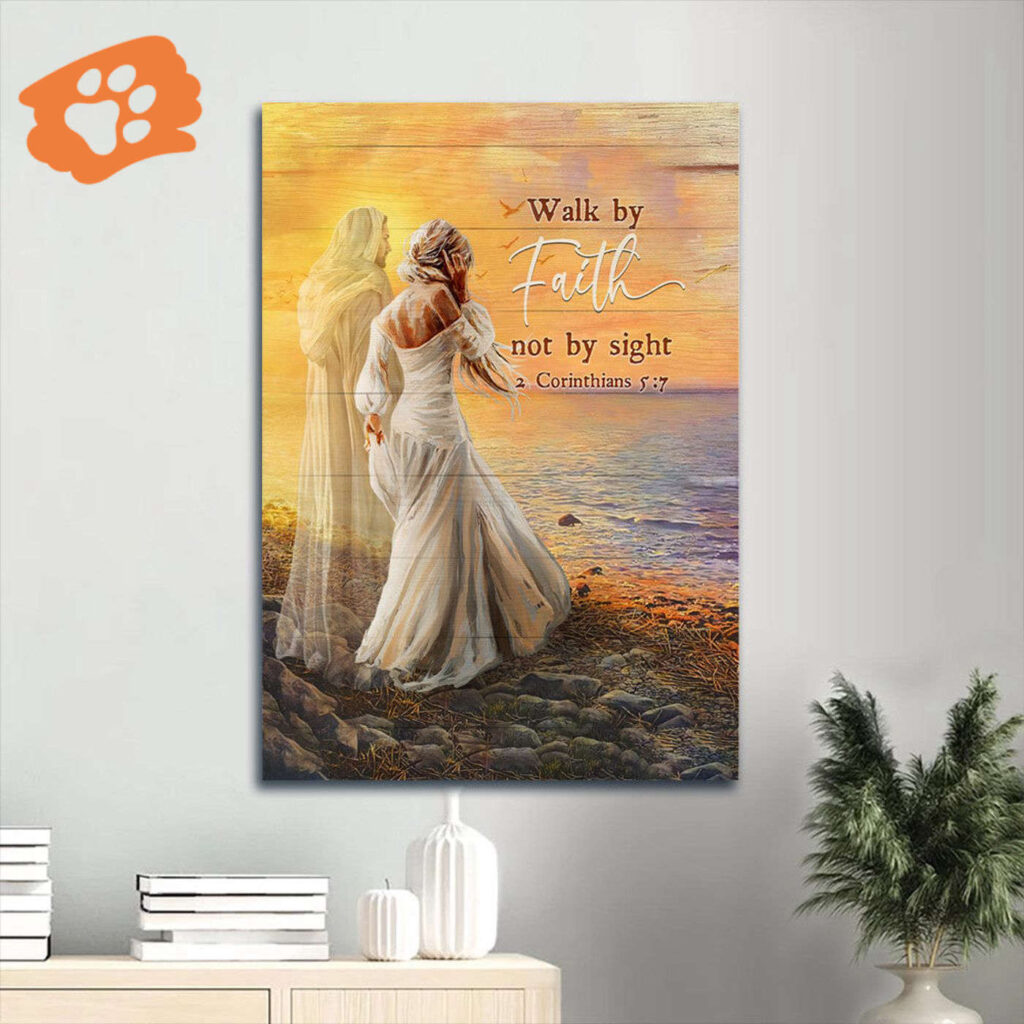 Jesus Portrait Poster: Beautiful Lady Walking with Jesus at Sea Sunset – Christian Home Decor Gift – Walk by Faith Jesus Portrait Poster: Beautiful Lady Walking with Jesus at Sea Sunset – Christian Home Decor Gift – Walk by Faith