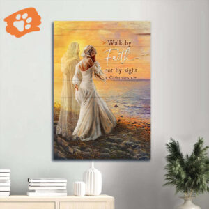 Jesus Portrait Poster: Beautiful Lady Walking with Jesus at Sea Sunset - Christian Home Decor Gift - Walk by Faith