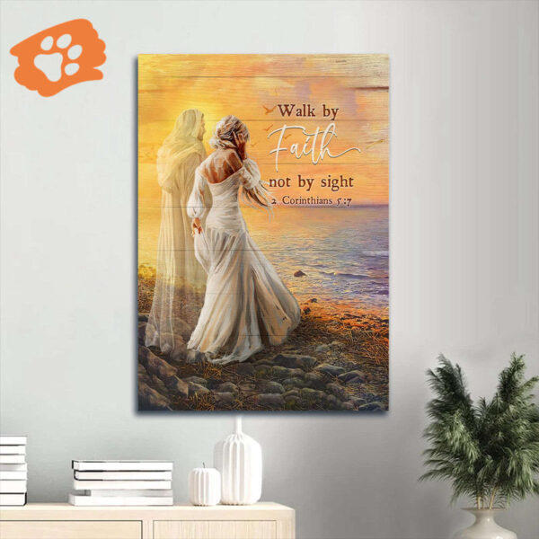 Jesus Portrait Poster: Beautiful Lady Walking with Jesus at Sea Sunset – Christian Home Decor Gift – Walk by Faith