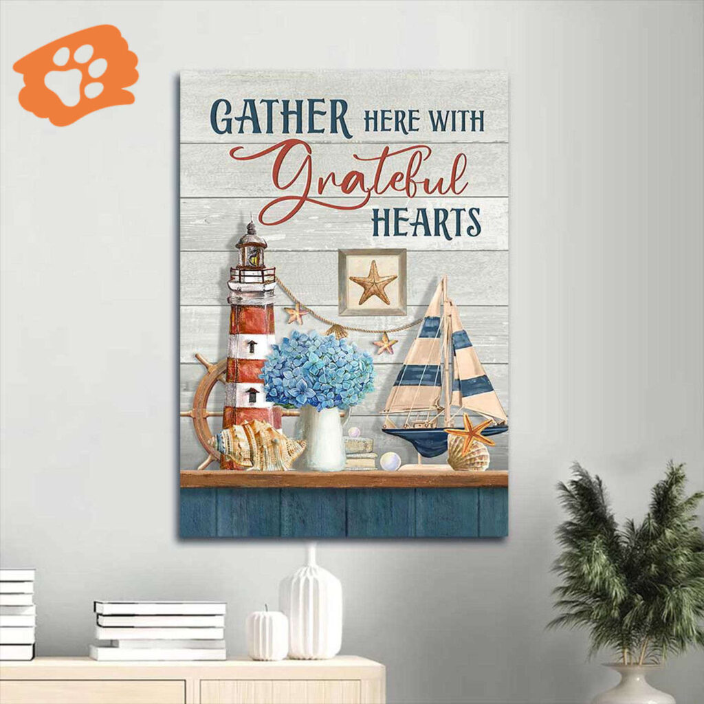 Christian Home Decor Gift: Jesus Portrait Poster with Lighthouse Hydrangea Beach Symbol – Gather with Grateful Hearts Christian Home Decor Gift: Jesus Portrait Poster with Lighthouse Hydrangea Beach Symbol – Gather with Grateful Hearts