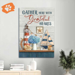 Christian Home Decor Gift: Jesus Portrait Poster with Lighthouse Hydrangea Beach Symbol - Gather with Grateful Hearts