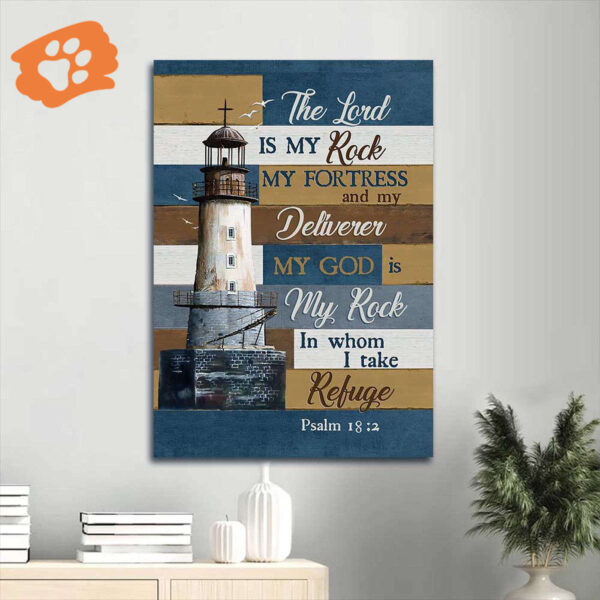 Jesus & Lighthouse Wood Cross Portrait Poster – Christian Home Decor Gift – The Lord is my Rock