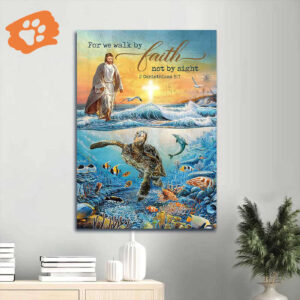 Ocean Turtle Jesus Walking on Water Portrait Poster - Christian Home Decor Gift - Walk by Faith