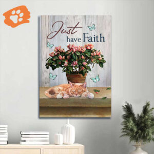 Christian Home Decor Gift: Jesus Portrait Poster with Pink Flower Sleeping Cat & Butterfly - Just Have Faith