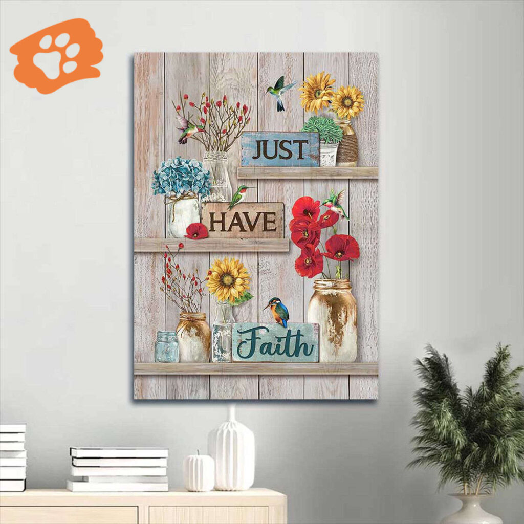 Christian Home Decor Gift: Jesus Portrait Poster with Poppy Sunflower and Hummingbird – Just Have Faith