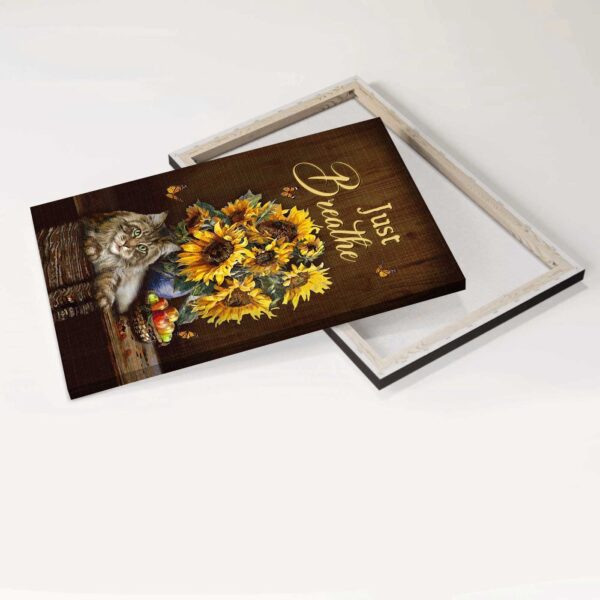 Christian Home Decor Gift: Jesus Portrait Poster with Sunflower Watercolor Cat Still Life Painting – Just Breathe