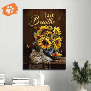 Christian Home Decor Gift: Jesus Portrait Poster with Sunflower Watercolor Cat Still Life Painting - Just Breathe