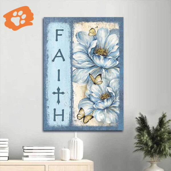 Christian Home Decor Gift: Jesus Portrait Poster with White Flower and Butterfly on Pastel Background