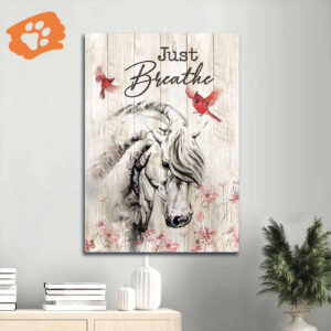 Jesus Portrait Poster Home Decor Gift - Beautiful White Horse Red Cardinal Pink Flower Garden - Christian Gift - Just Breathe