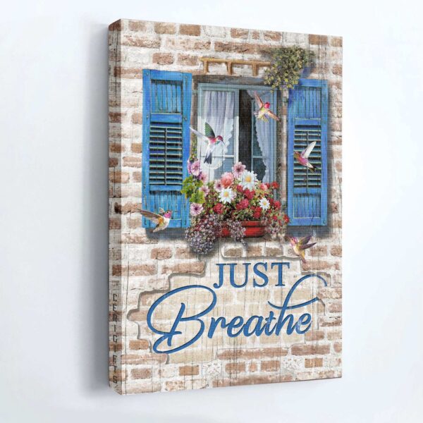 Christian Home Decor Gift: Jesus Portrait Poster with Hummingbird and Flowers – Just Breathe