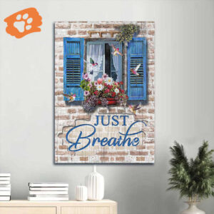 Christian Home Decor Gift: Jesus Portrait Poster with Hummingbird and Flowers - Just Breathe