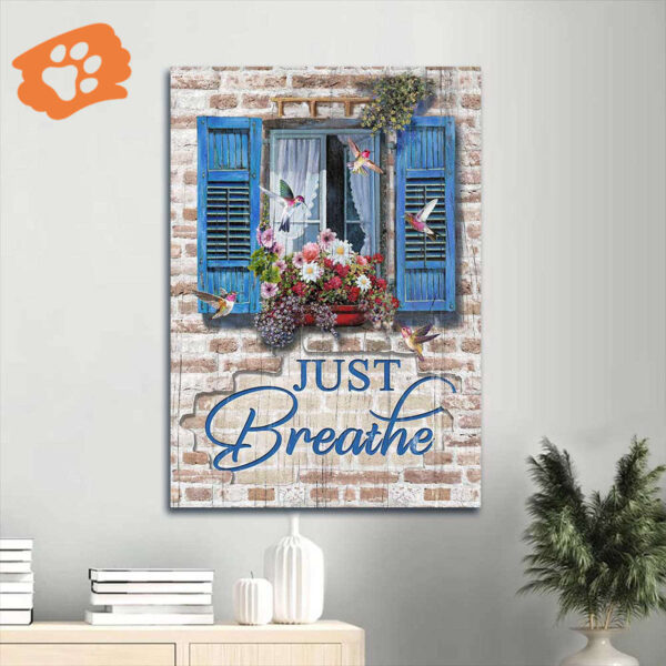 Christian Home Decor Gift: Jesus Portrait Poster with Hummingbird and Flowers – Just Breathe