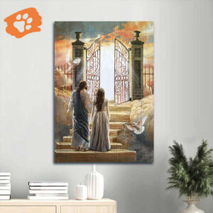 Christian Home Decor Gift: Jesus Portrait Poster with Beautiful Woman Flying Dove and Heaven Door - Perfect Gift for Christians