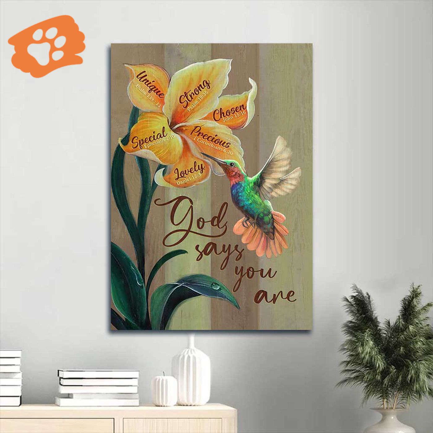 Unique Jesus Portrait Poster Home Decor Gift – Yellow Lily & Hummingbird – Christian Gift
