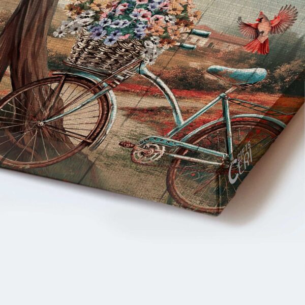 Christian Home Decor Gift: Jesus Portrait Poster with Bicycle Drawing Flower Basket and Red Cardinals – Let it be Inspiration