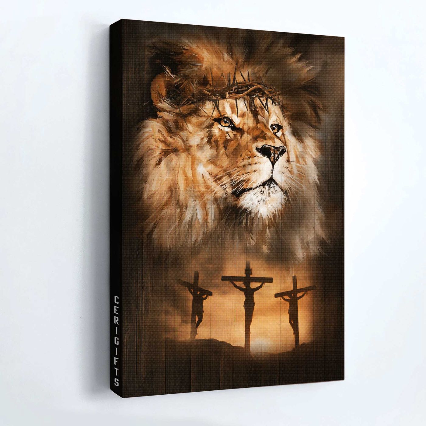 Jesus Portrait Poster Home Decor Gift – Lion Drawing with Crown of Thorns – Christian Sunset Painting
