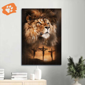 Jesus Portrait Poster Home Decor Gift - Lion Drawing with Crown of Thorns - Christian Sunset Painting