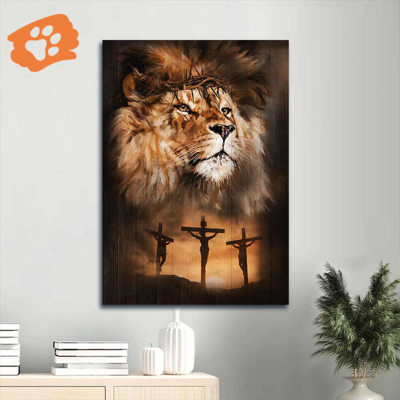 Jesus Portrait Poster Home Decor Gift – Lion Drawing with Crown of Thorns – Christian Sunset Painting