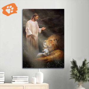 Big Lion & Lamb of God Jesus Portrait Poster - Christian Home Decor Gift