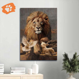Christian Home Decor Gift: Jesus Lion & Lamb Portrait Poster with Dove Symbol