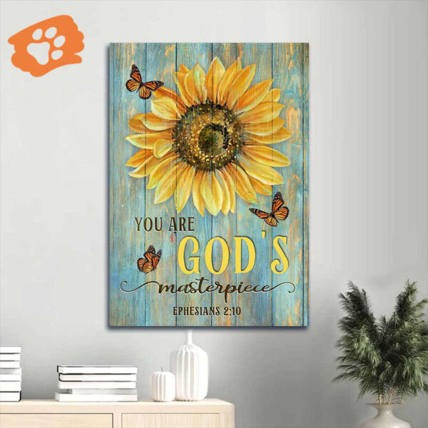 Christian Home Decor Gift – Jesus Portrait Poster with Sunflower and Orange Butterfly – God s Masterpiece