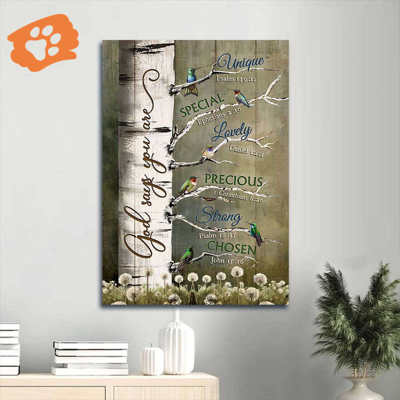 Jesus Portrait Poster Home Decor Gift – Birch Tree Watercolor Hummingbirds Dandelion Bible Verse – Gift for Christian