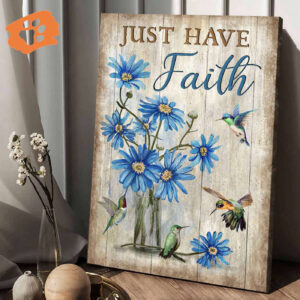 Jesus Portrait Poster Home Decor Gift - Blue Flower Painting Hummingbird Motivational Quote - Christian Faith Gift
